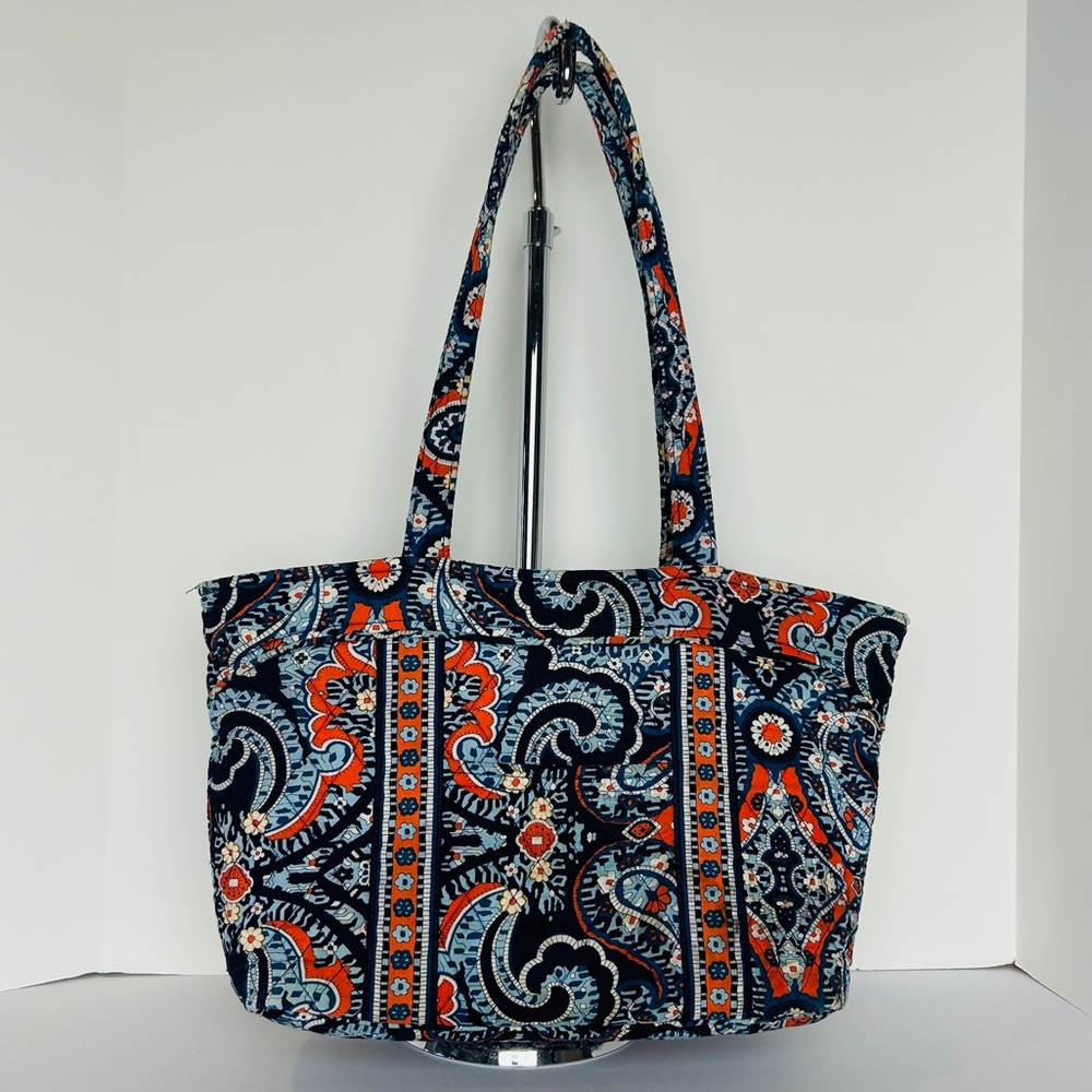 Vera Bradley Medium Tote Bag Blue Orange Paisley Pattern Lined Pockets Zipper